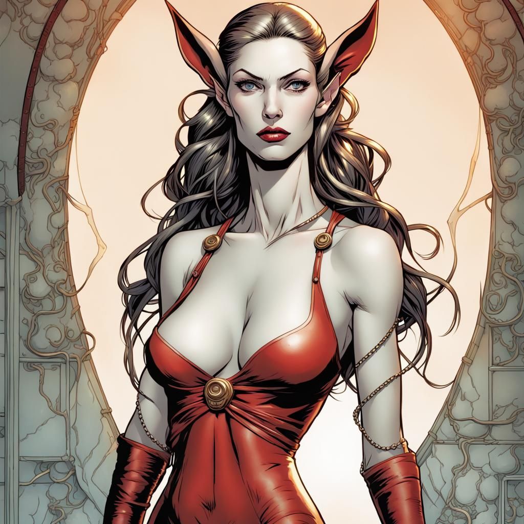 Elf Woman in Double Helix Pose, Comic Book Art