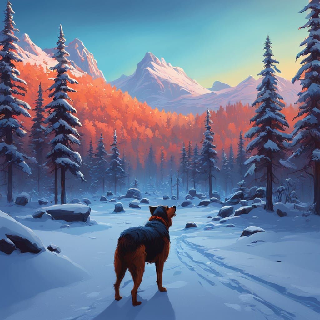 Surreal Winter Wonderland Scene with Dog in Snowy Forest