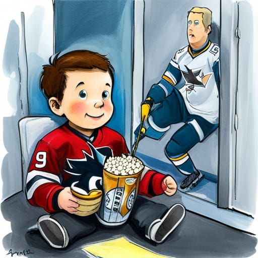 Toddler Sharks Fan at Hockey Game: Pencil Sketch
