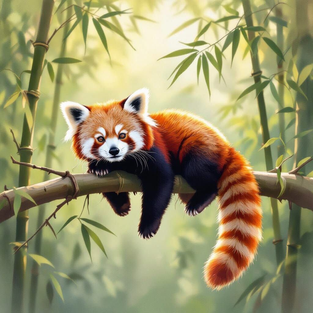 Red Panda on Branch in Bamboo Grove with Watercolor Splashes