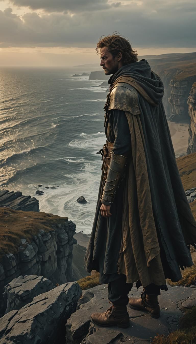 Lone Warrior Gazing at Sea in Romantic Style