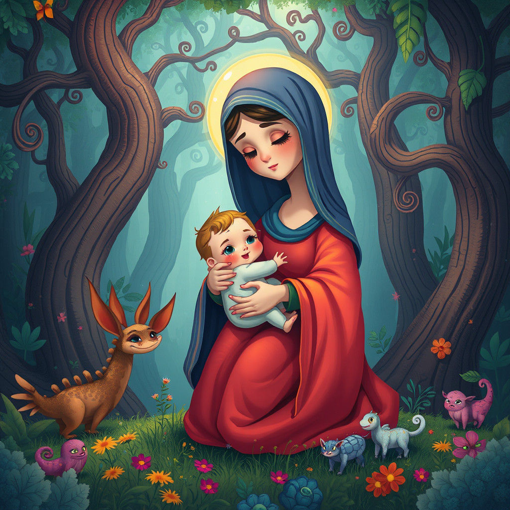 Whimsical Cartoon: Mary and Child in Mystical Forest