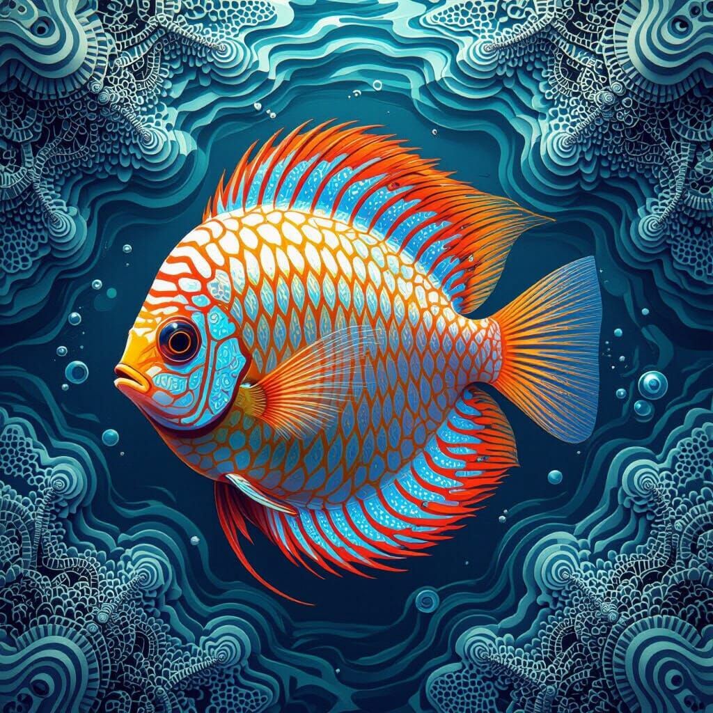 Discus Fish in Abstract Fractal Zentangle Design