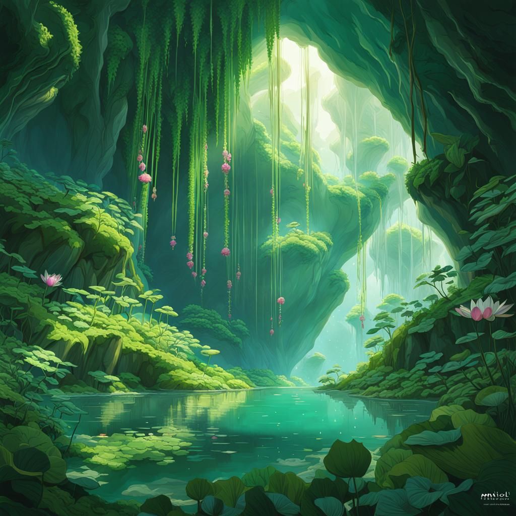 Lush Cave Featuring Hindu Goddess in Anime Style