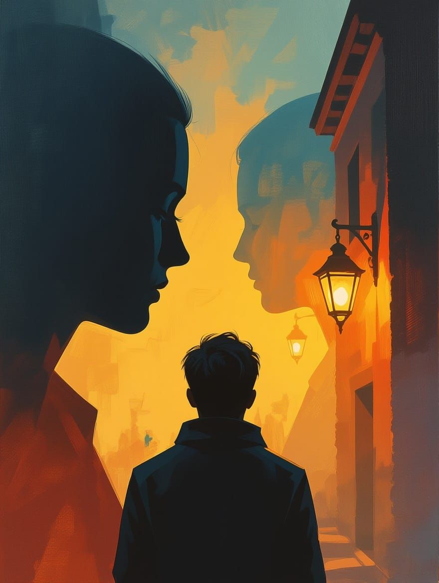 Person Facing Shadow in Vibrant Oil Painting