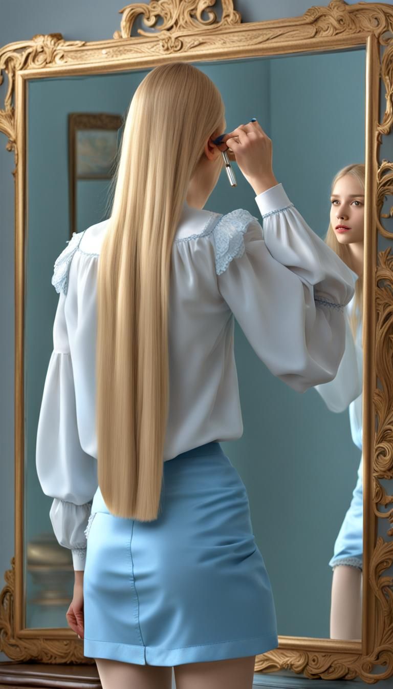 Elegant Blonde Twins in Mirror, Hair-Brushing and Dressed to...