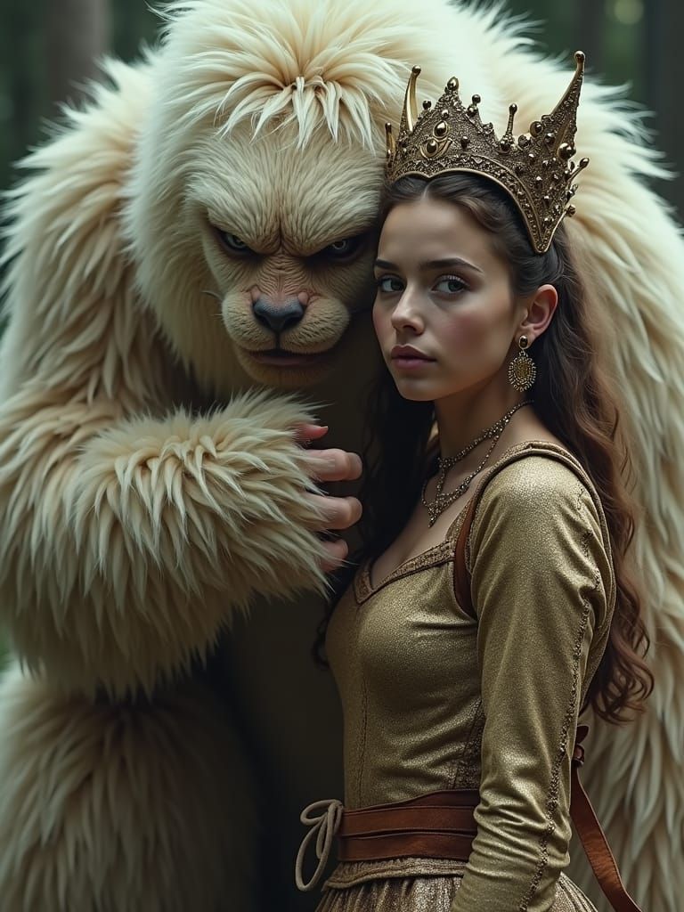 Woman with Giant Fluffy Monster Companion: Realistic Photo