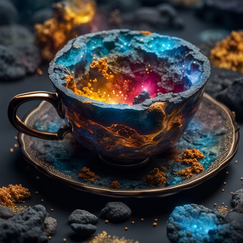 Cosmic Teacup in Aetherpunk Art Nouveau Style