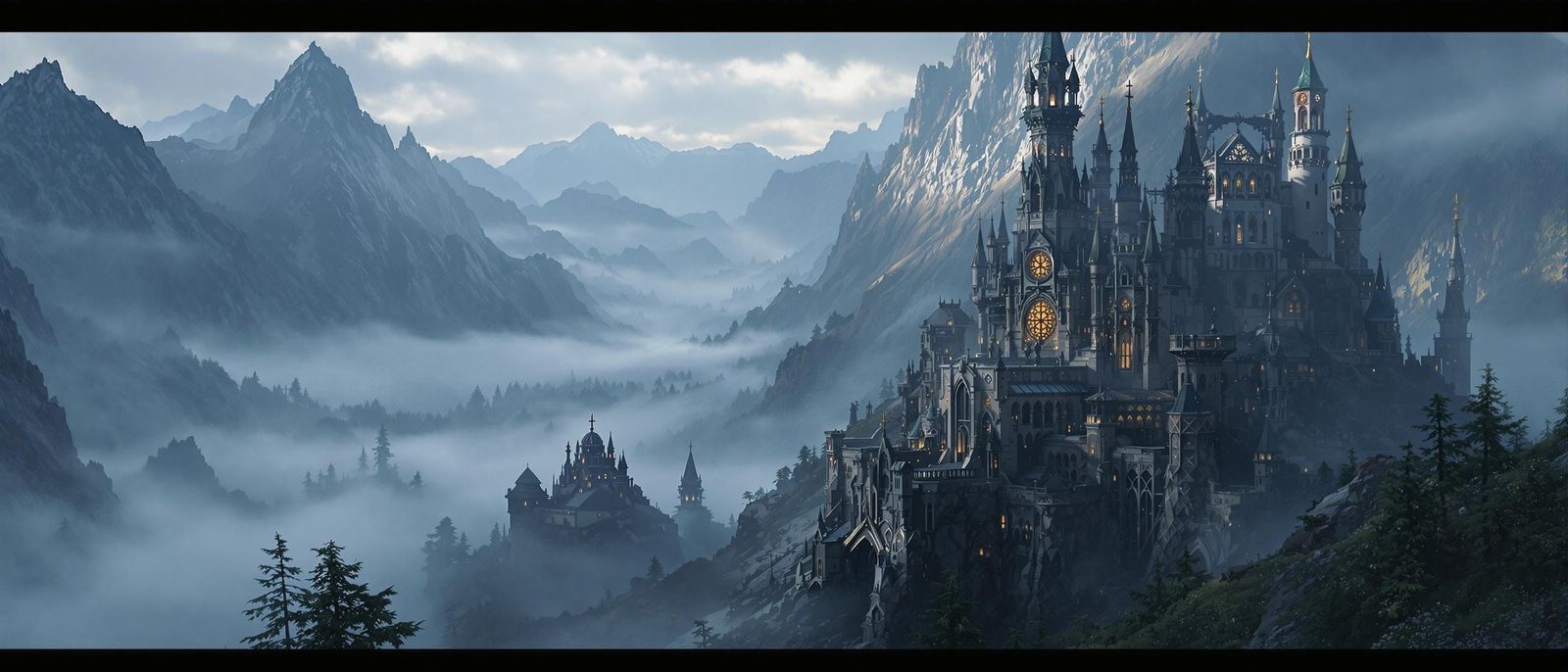 Ornate Castle in Misty Mountain, Dark Fantasy Concept Art
