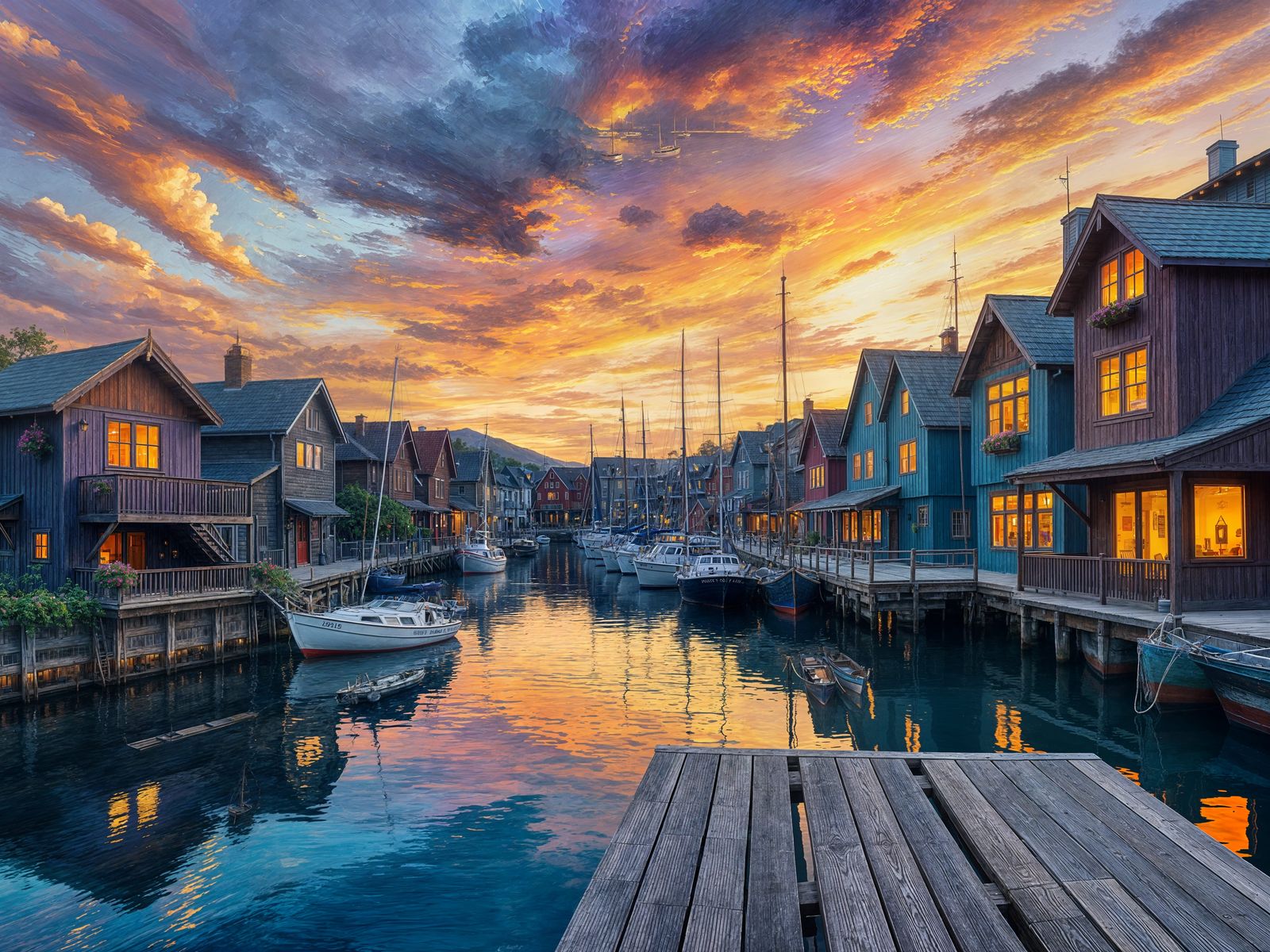 Sunset Fishing Village in Impasto Oil Painting