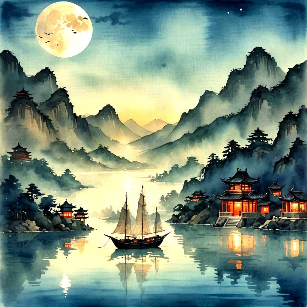 Moonlit Chinese Sailboat on Lake: Watercolor Woodcut