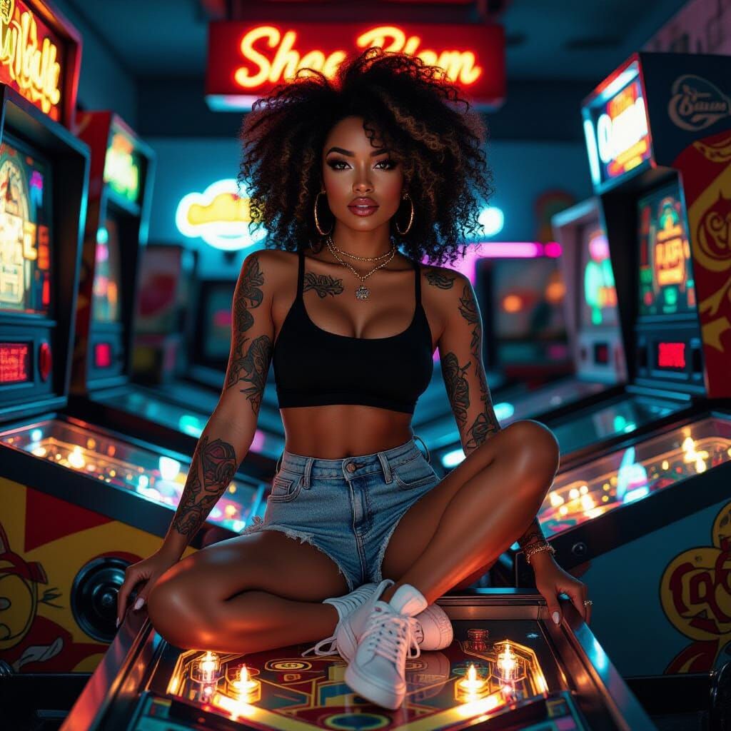 Afro-Brazilian Woman Posing in Retro Arcade, Artgerm Style