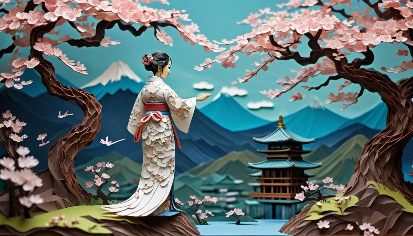 Japanese Kirigami Woman Practicing Martial Arts