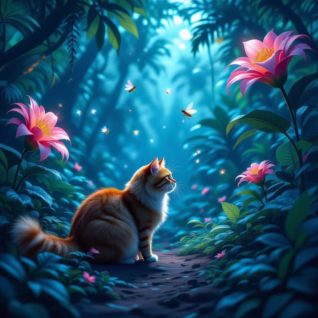 Ginger Cat Explores Bioluminescent Jungle at Twilight