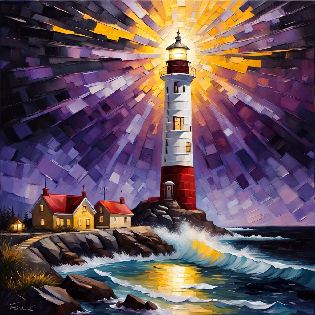 Lighthouse at Night: Impasto Painting with Rocky Shore