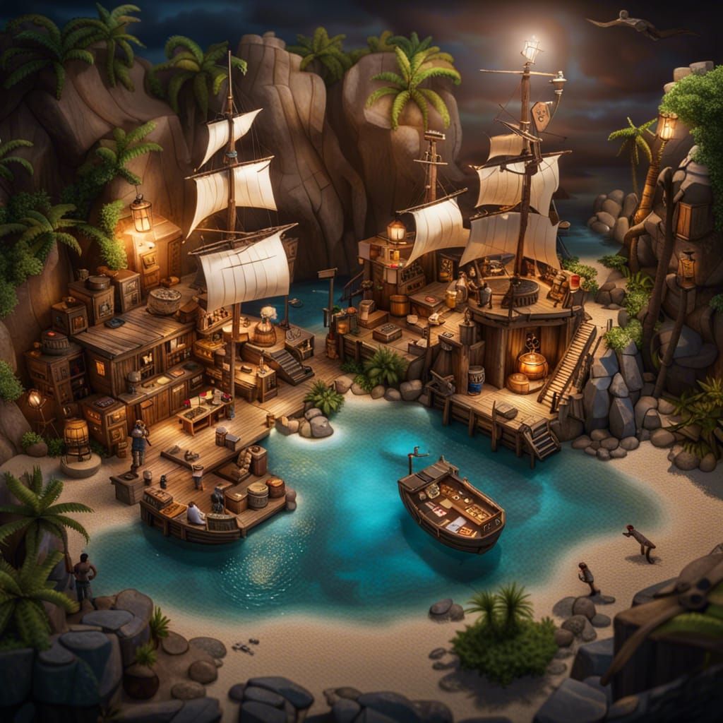 Secluded Pirate Haven with Ship and Crew