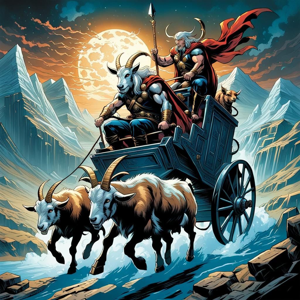 Thor Rides Goat Chariot: Comic Book Art