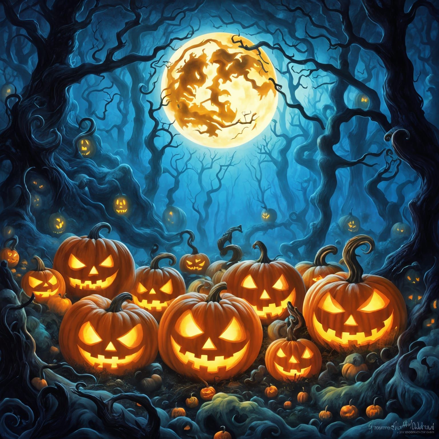 Halloween Jack-o-lantern Forest at Midnight