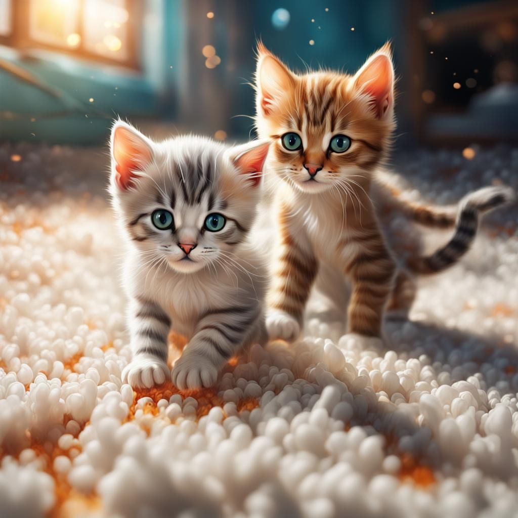 Hyperrealistic Kittens Play on White Carpet