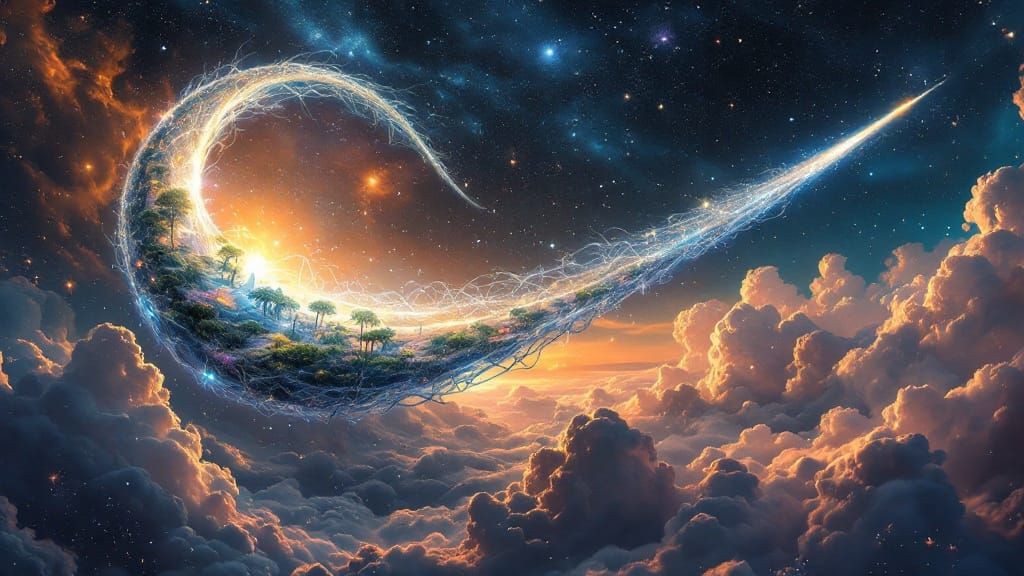 Surreal Celestial Being Rides Comet in Iridescent Glow