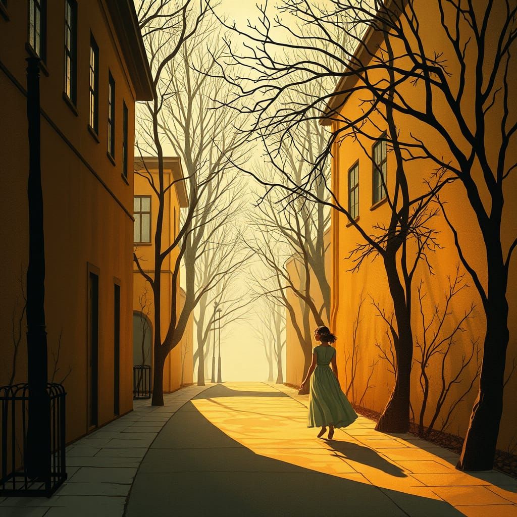 Ethereal Art Nouveau Scene with Flowing Lines and Golden Tra...