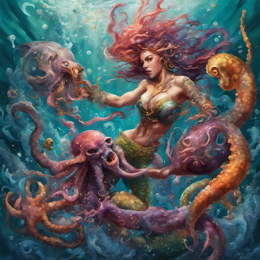 mermaid fighting with an octopus