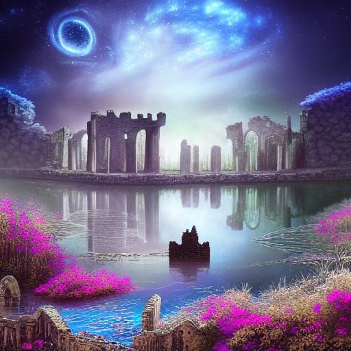 Cosmic Lake Ruins Digital Painting