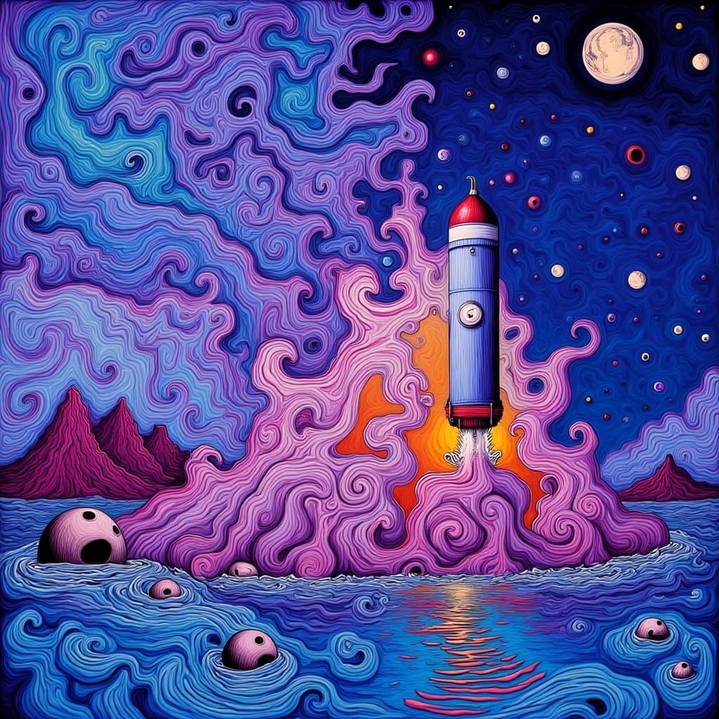 Surreal Rocket Ascends in Dreamlike Moon Landscape