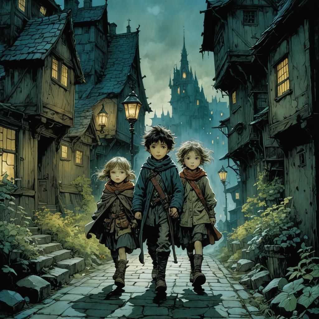 Whimsical Children Escape the Dark Metropolis