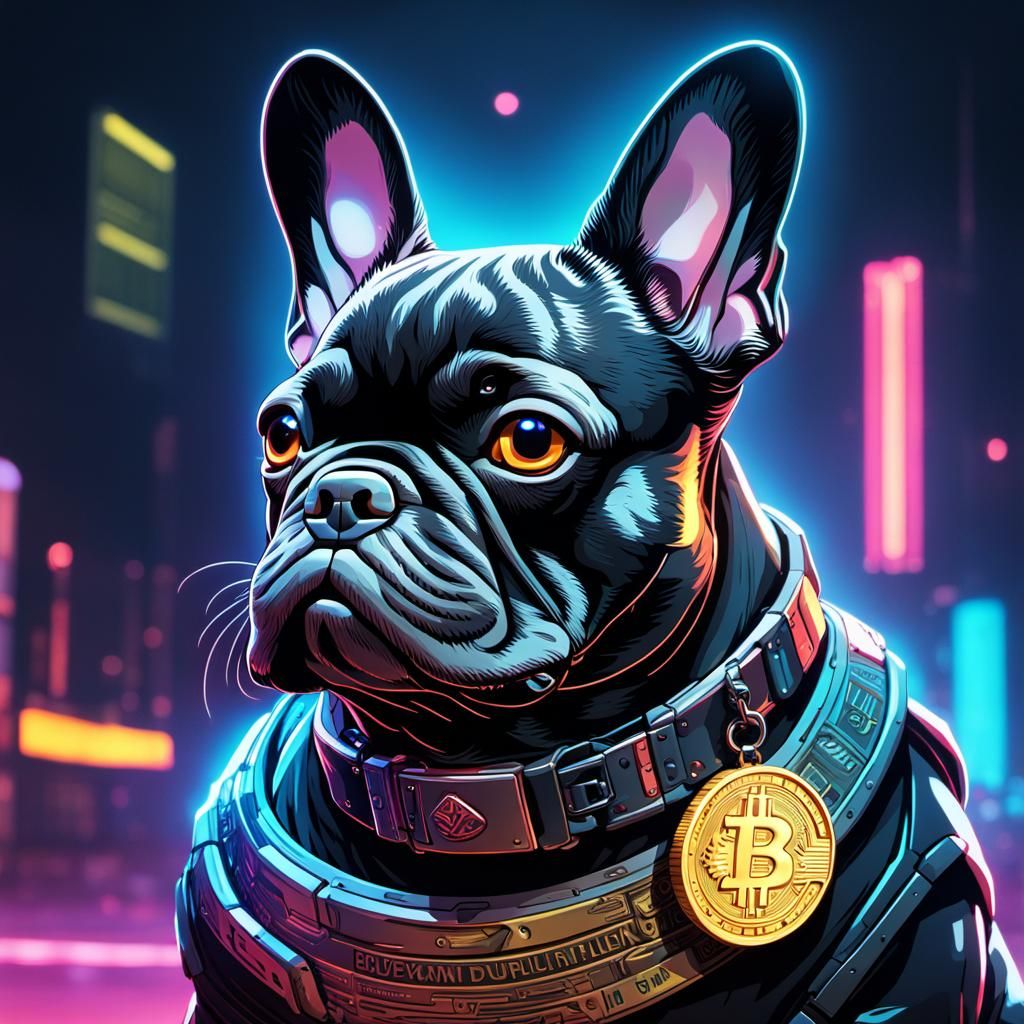 Cyberpunk French Bulldog in Blockchain World