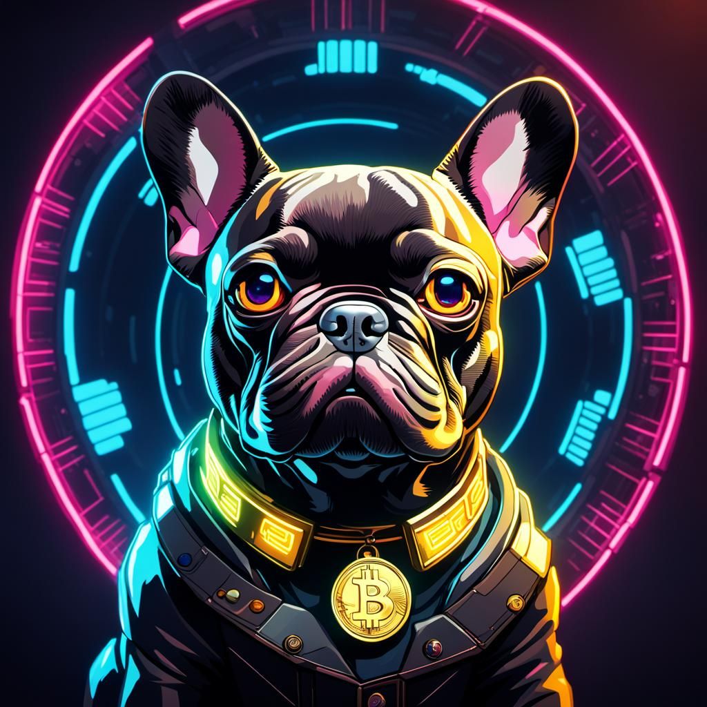Cyberpunk Crypto French Bulldog Portrait in Neon City