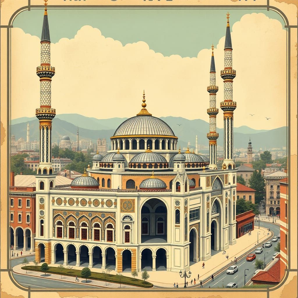 Grand Mosque Travel Advertisement with Vintage Islamic Desig...