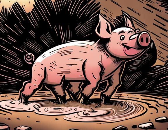 Happy Pig Playing in Mud, Comic Book Art