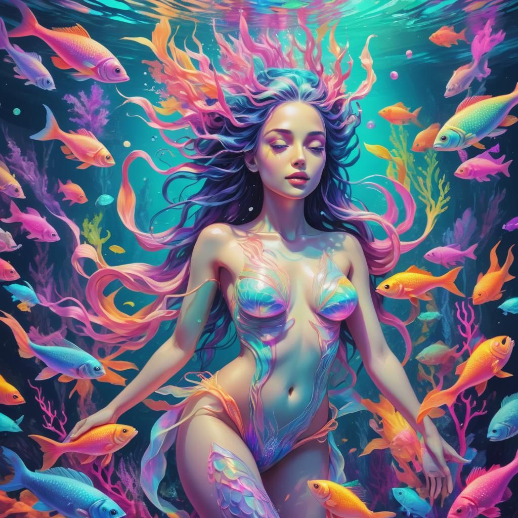Underwater Goddess in Holographic Astral Illustration