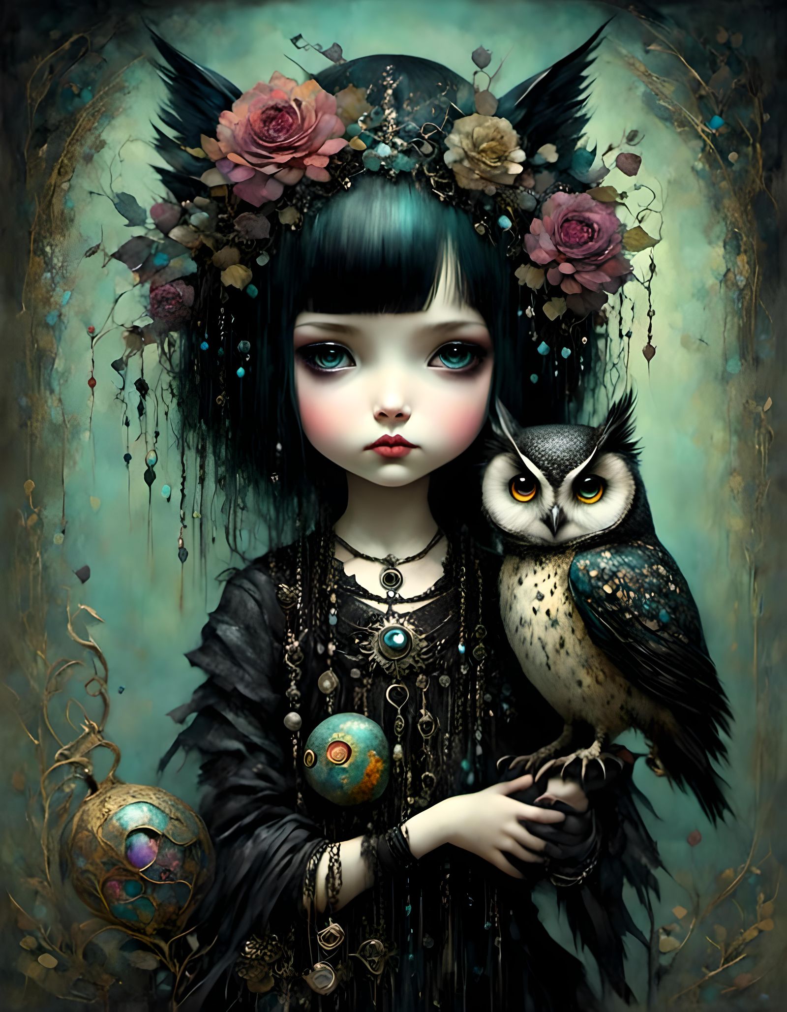 Goth Punk Girl with Owl in 3D Shading