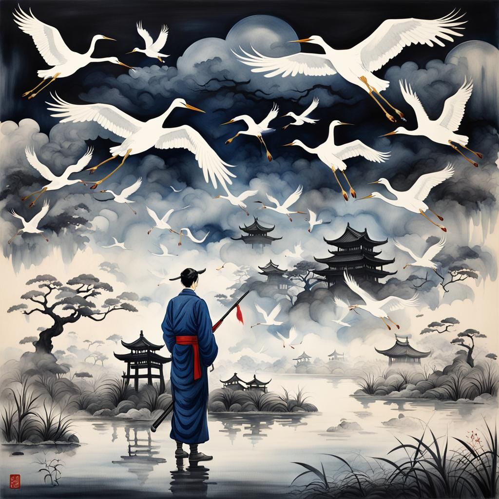 Man and Cranes: Japanese Ink Wash Art
