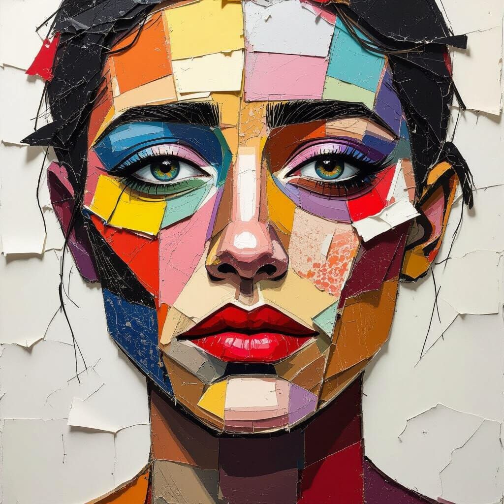 Emotional Portrait Constructed from Torn Paper Scraps