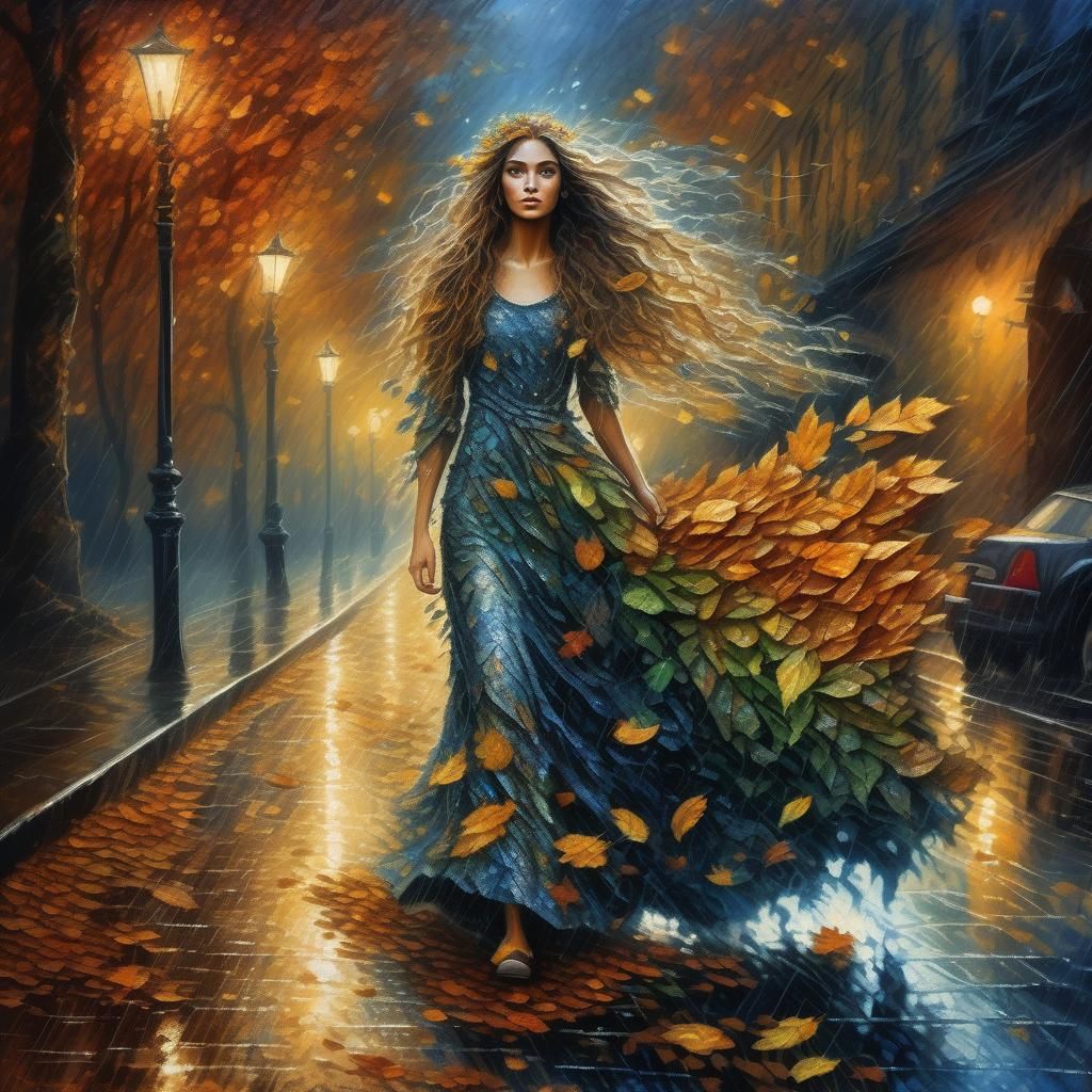 Surreal Autumn Girl Walking in Rainy Landscape