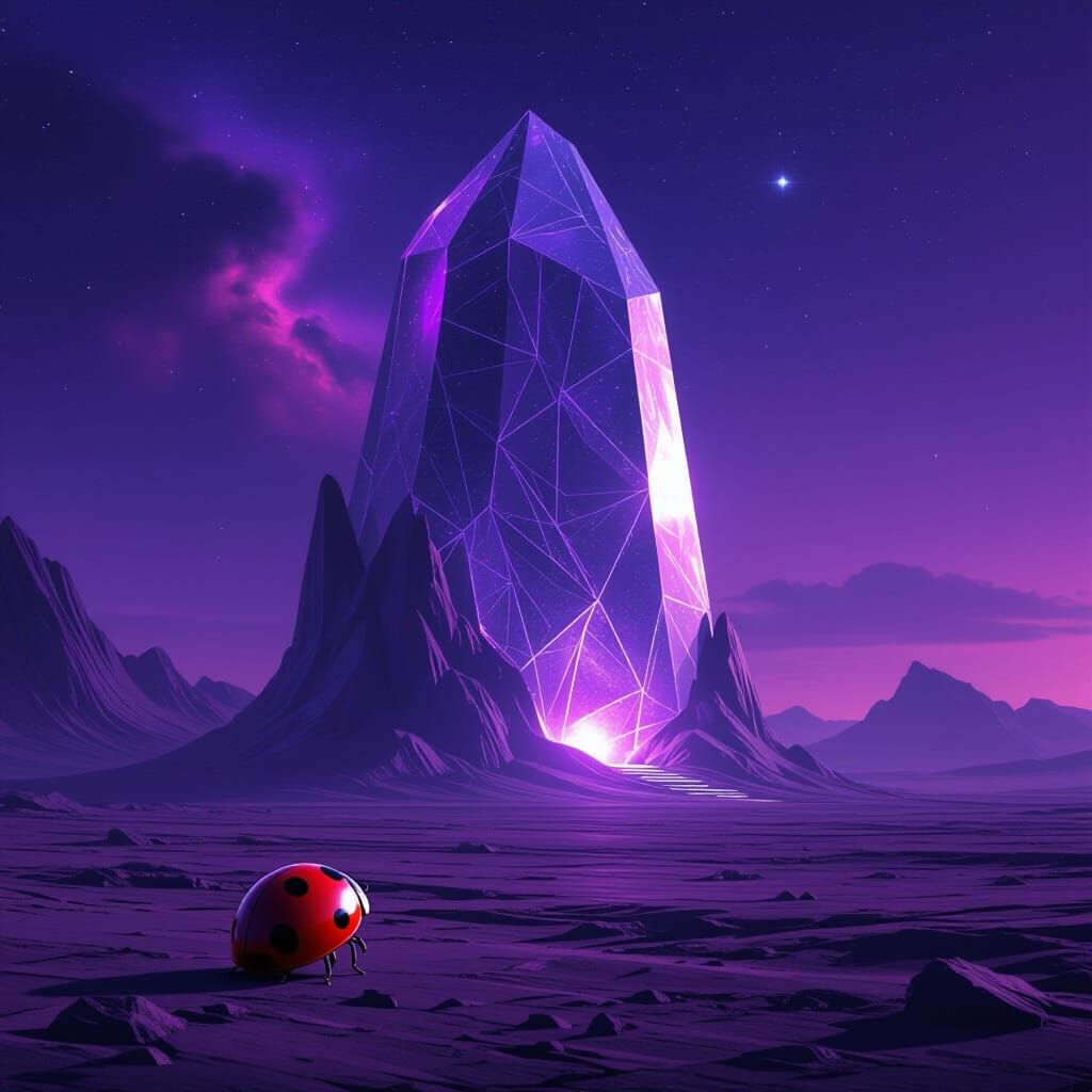 Ladybug Approaches Giant Crystal on Alien Planet