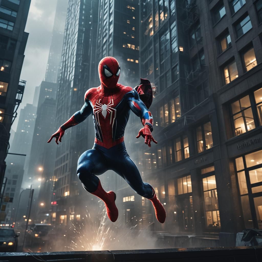Spiderman Leaps from Skyscraper in Vivid Digital Art