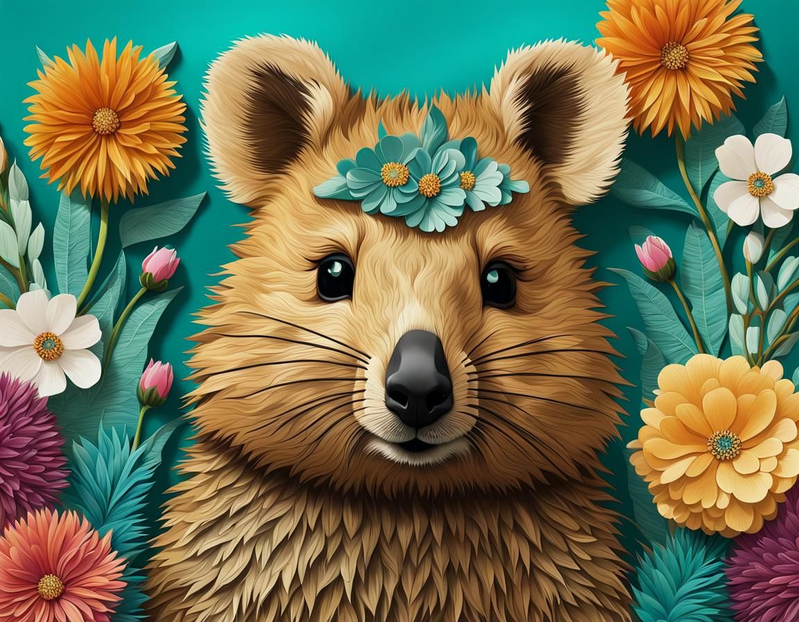Detailed Quokka with Floral Fur on Marbled Teal