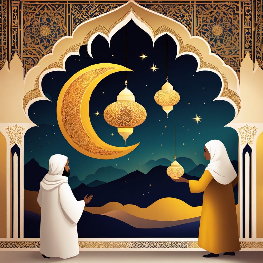 Children in Arabic Attire with Mosque at Twilight