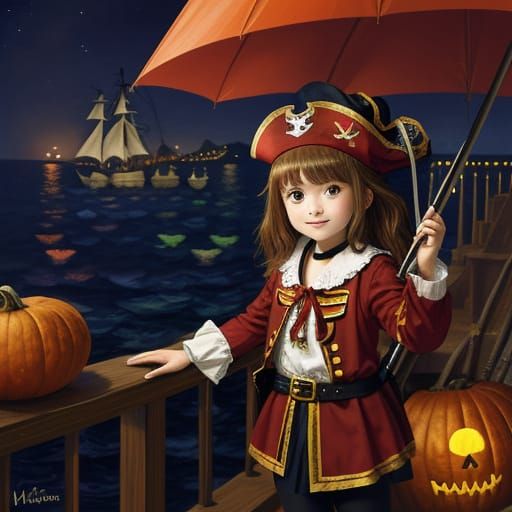 Cute Pirate Girl with Glow Stick on Autumn Night in Monet St...