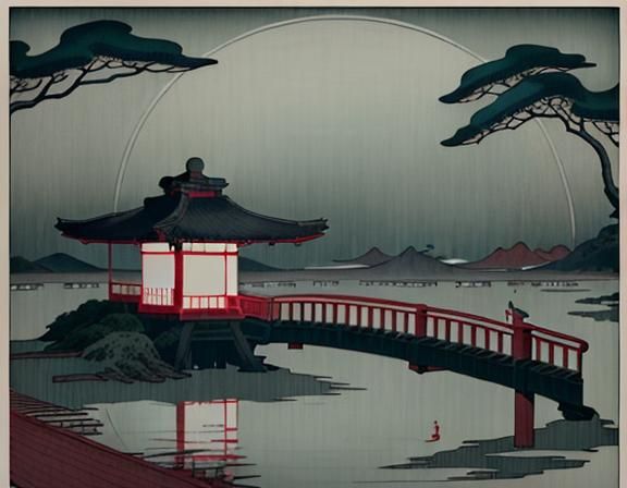 Minimalist Building in Mangrove Swamp: Ukiyo-e Style