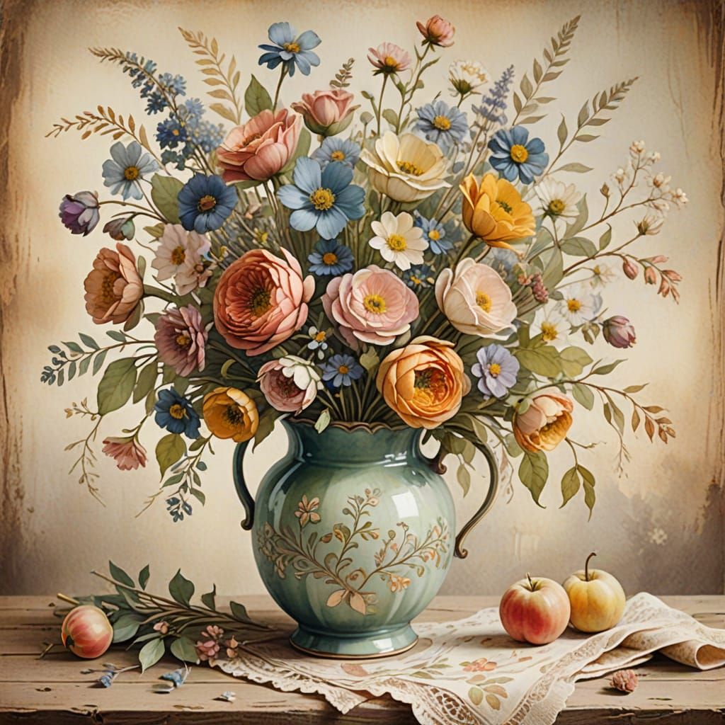 Whimsical Floral Bouquet in Antique Vase