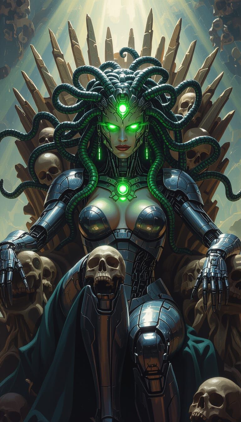 Cyborg Medusa on Throne of Souls as Oil Painting