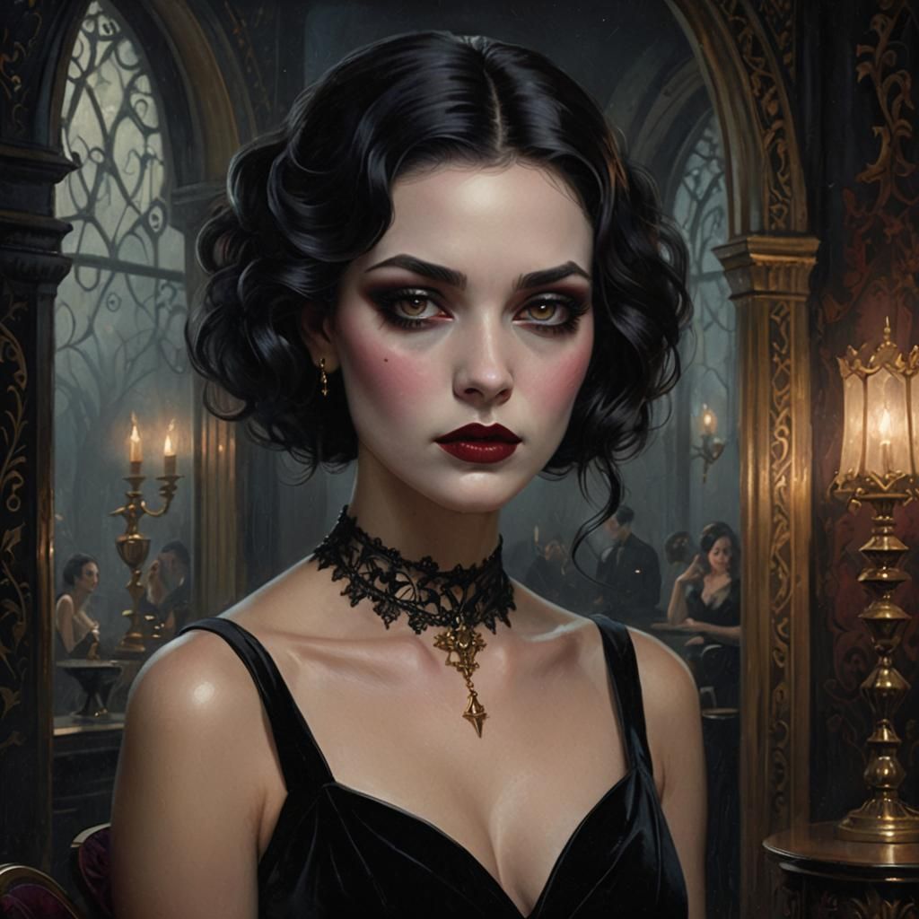 Gothic Woman in Ornate Boudoir, Portrait Art
