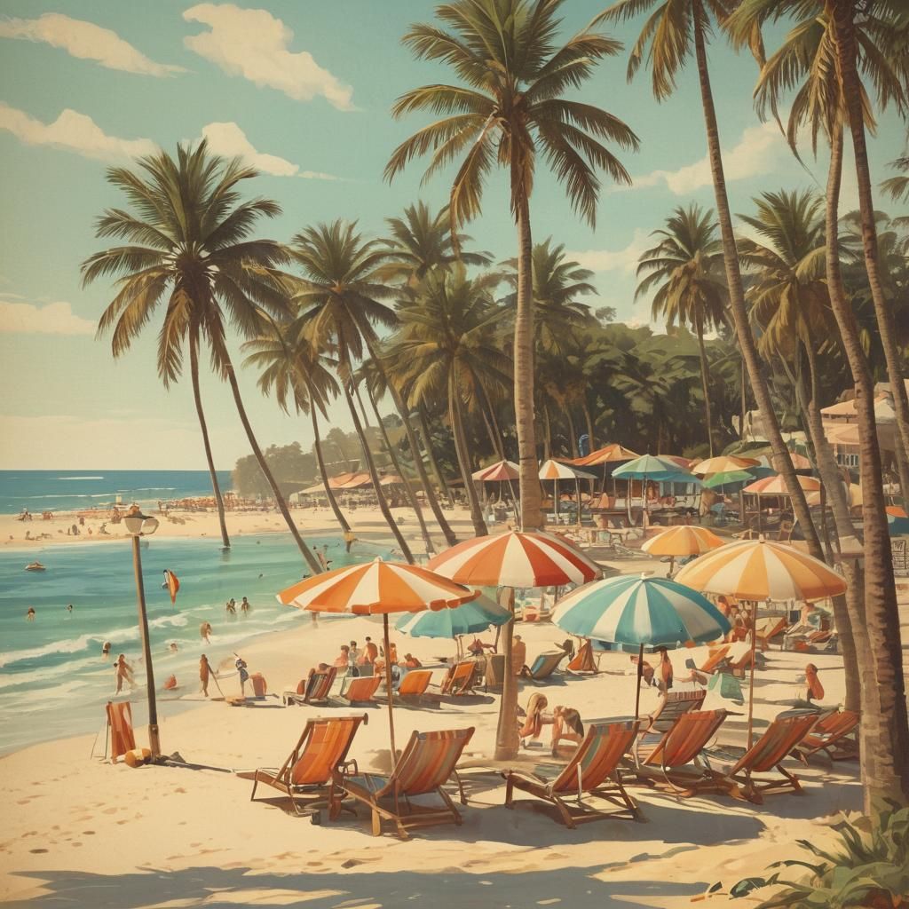 Retro Beach Scene Travel Poster in Mid-Century Style