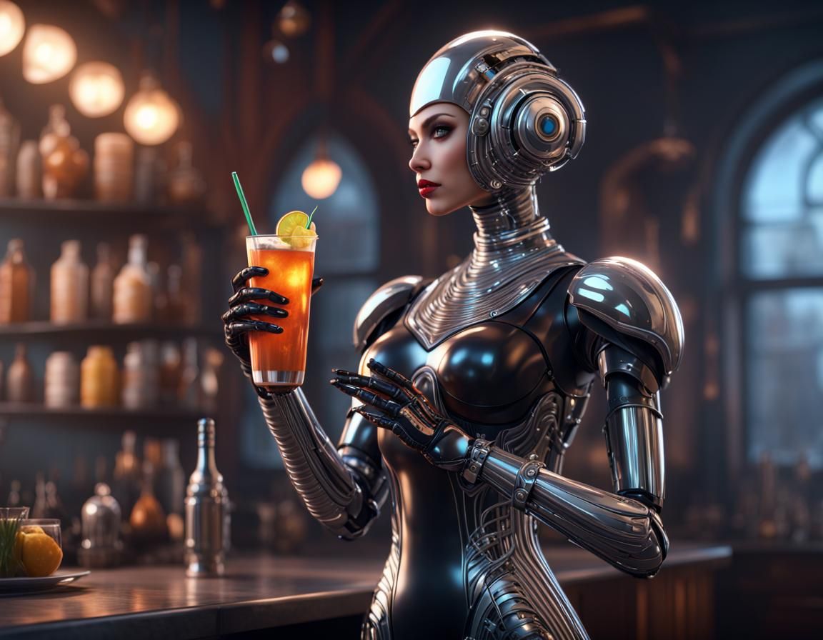 Chrome Robot in Black Dress, Detailed Matte Painting