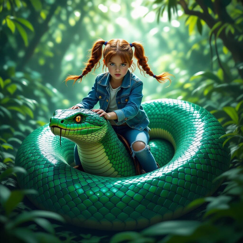 Girl Rides Giant Emerald Serpent in Sunlit Jungle